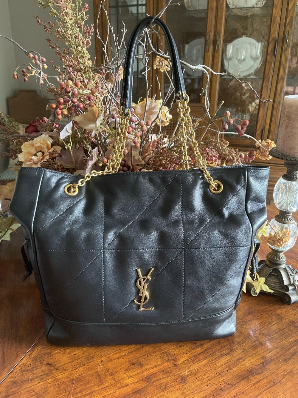 Saint Laurent Jamie Quilted Leather Tote Black w/ Gold